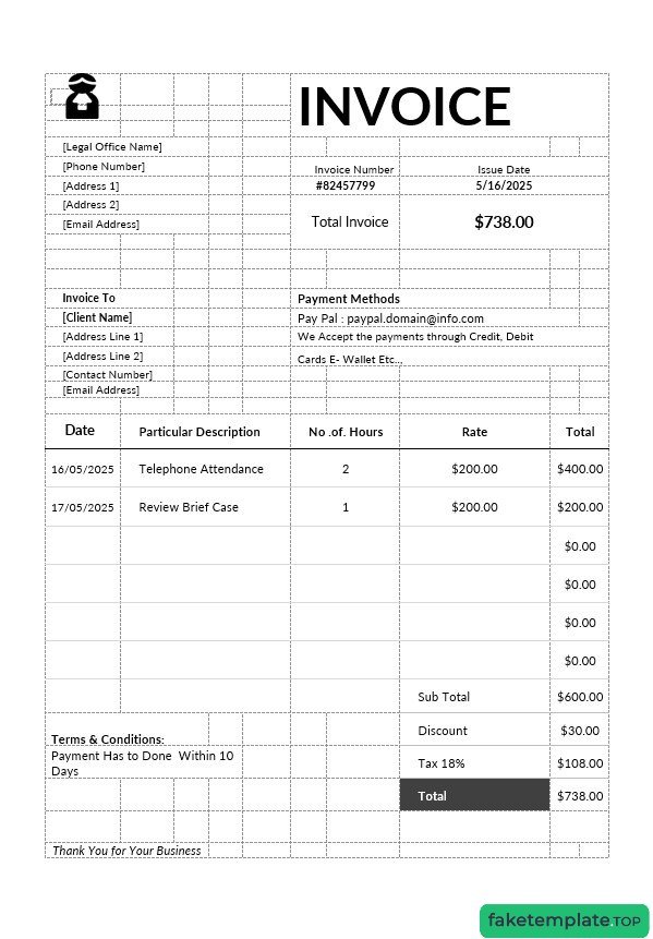 Feature of fake Attorney invoice example